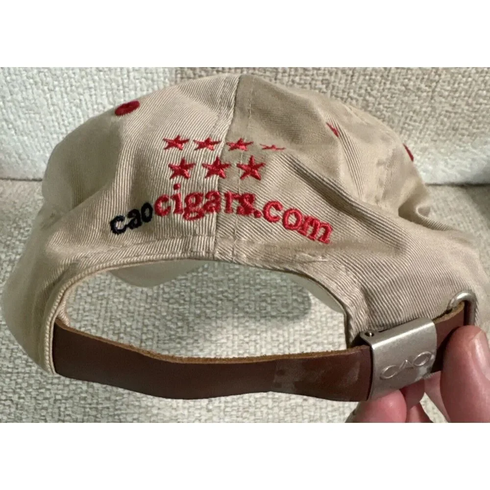 CAO Cigars Hat Cap Adjustable leather strap‎ metal buckle Beige Red accent.
